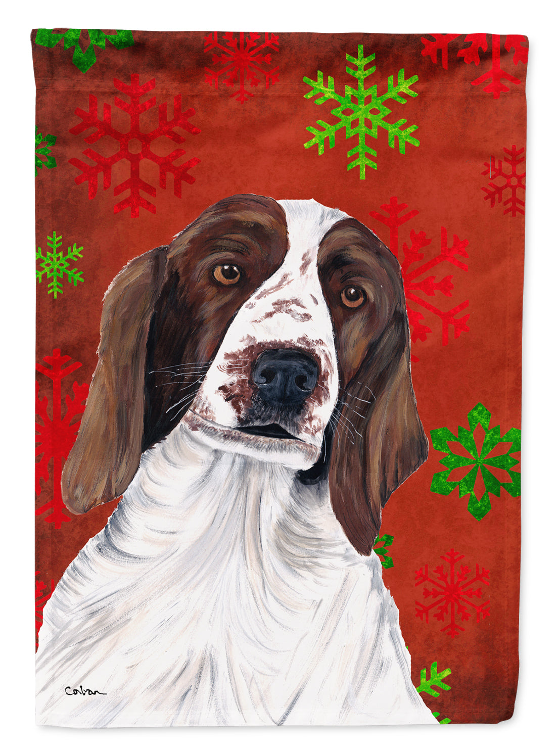 Welsh Springer Spaniel Red  Green Snowflakes Holiday Christmas Flag  House Size  the-store.com.
