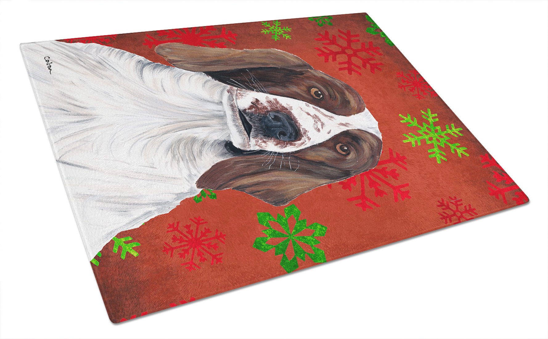 Welsh Springer Spaniel Red Snowflakes Christmas Glass Cutting Board Large by Caroline's Treasures