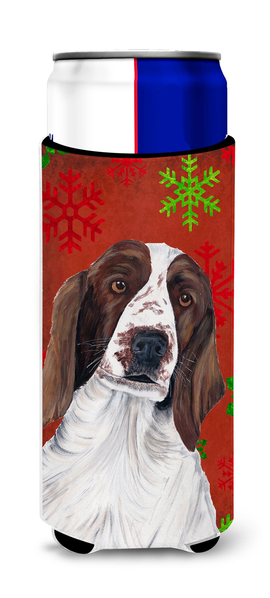 Welsh Springer Spaniel Red  Green Snowflakes Holiday Christmas Ultra Beverage Insulators for slim cans SC9420MUK.
