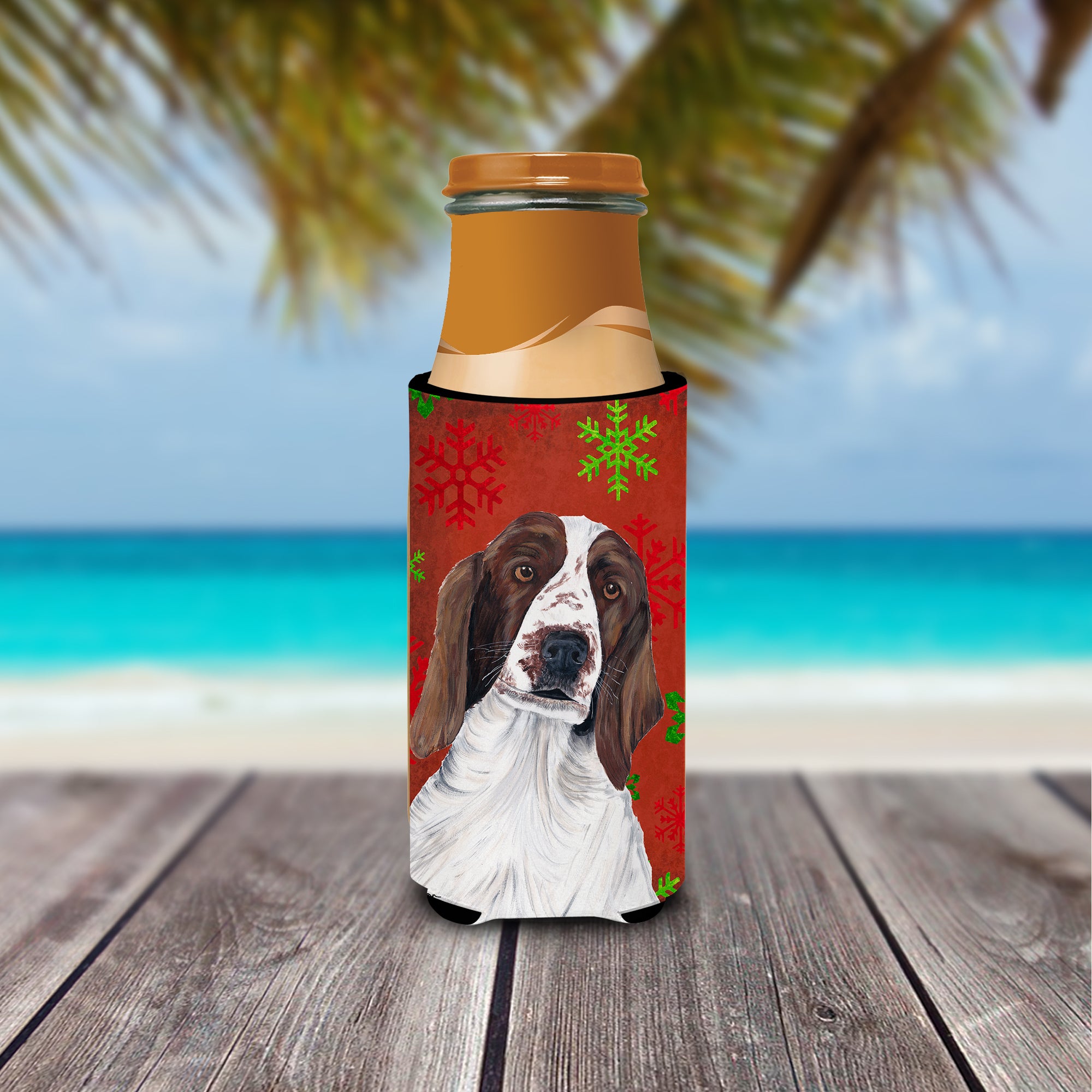 Welsh Springer Spaniel Red  Green Snowflakes Holiday Christmas Ultra Beverage Insulators for slim cans SC9420MUK.