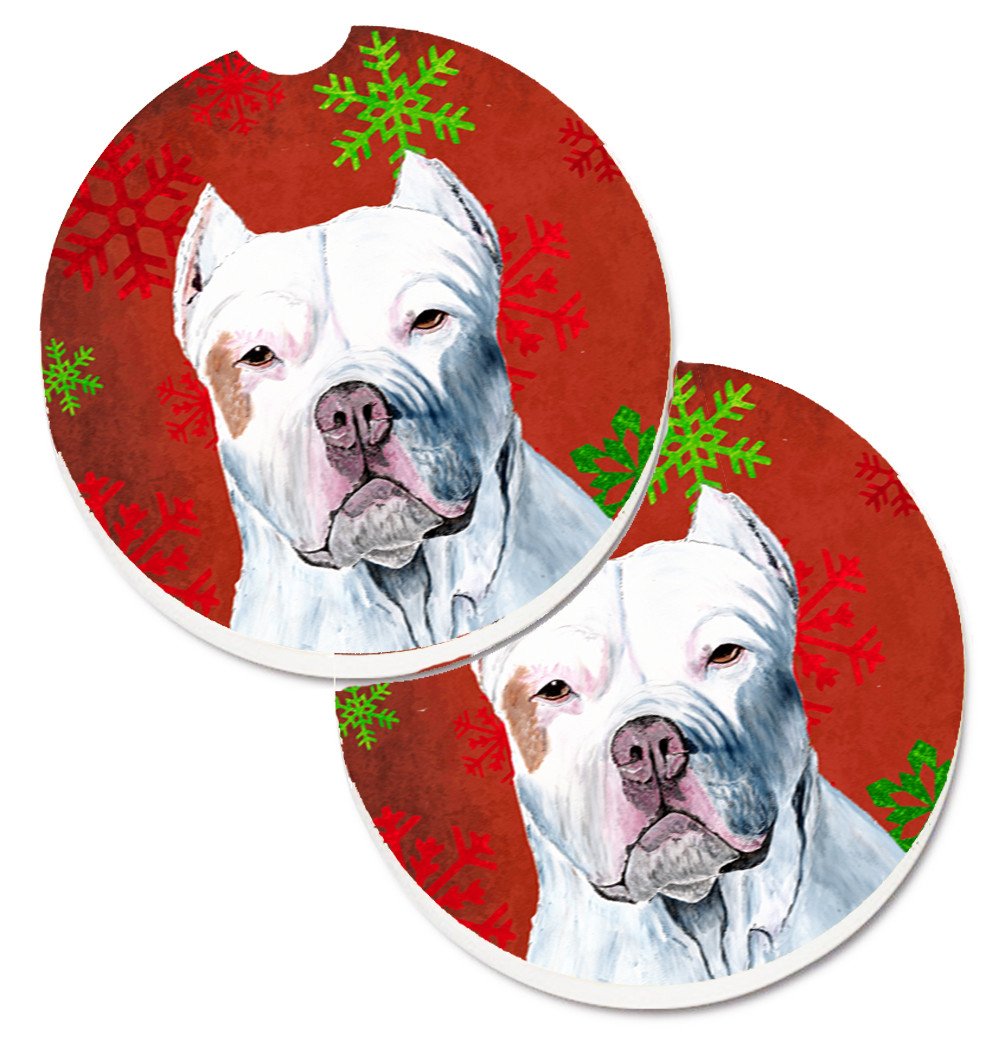Pit Bull Red and Green Snowflakes Holiday Christmas Set of 2 Cup Holder Car Coasters SC9421CARC by Caroline&#39;s Treasures