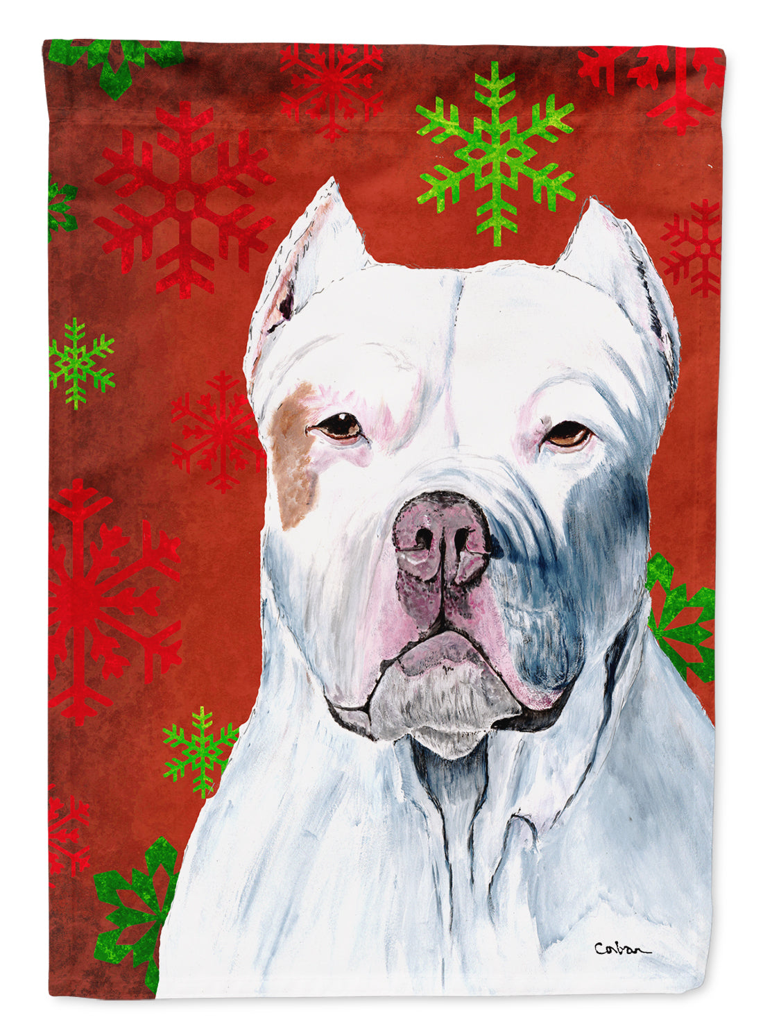 Pit Bull Red and Green Snowflakes Holiday Christmas Flag Garden Size.