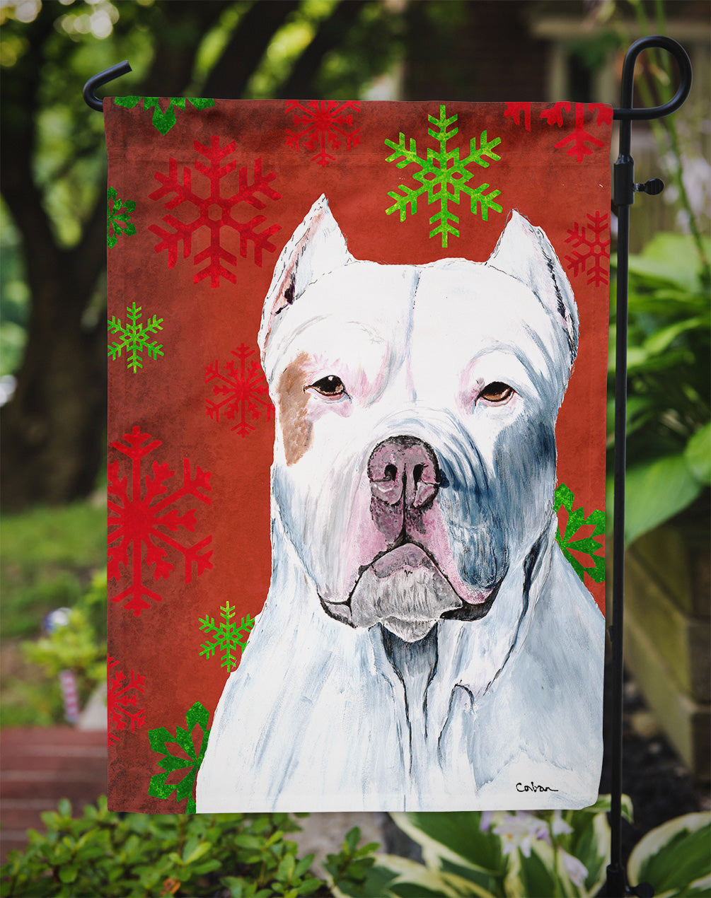 Pit Bull Red and Green Snowflakes Holiday Christmas Flag Garden Size