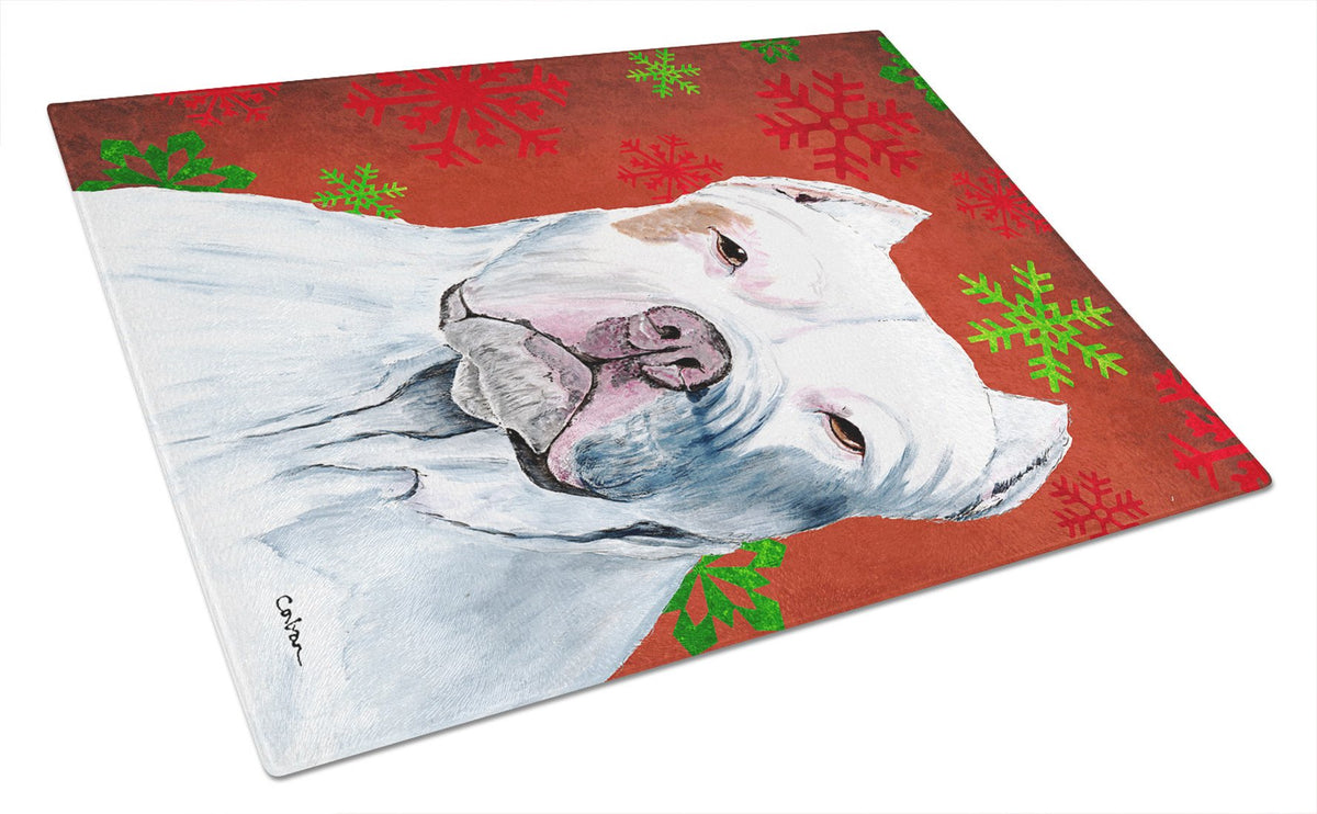 Pit Bull Red and Green Snowflakes Holiday Christmas Glass Cutting Board Large by Caroline&#39;s Treasures