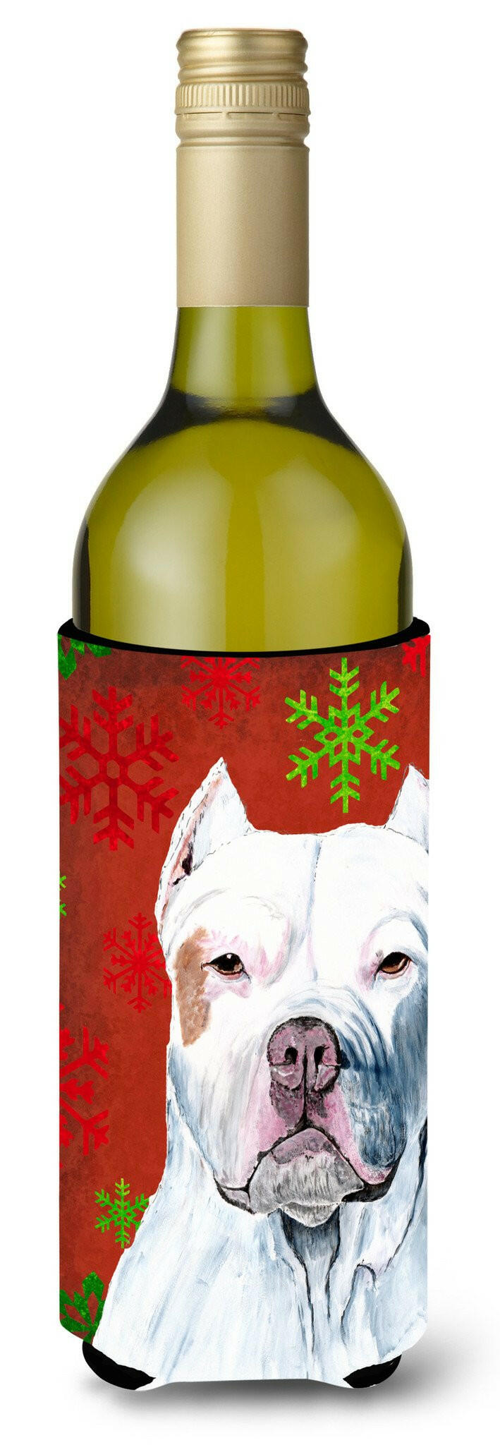 Pit Bull Red and Green Snowflakes Holiday Christmas Wine Bottle Beverage Insulator Beverage Insulator Hugger by Caroline's Treasures