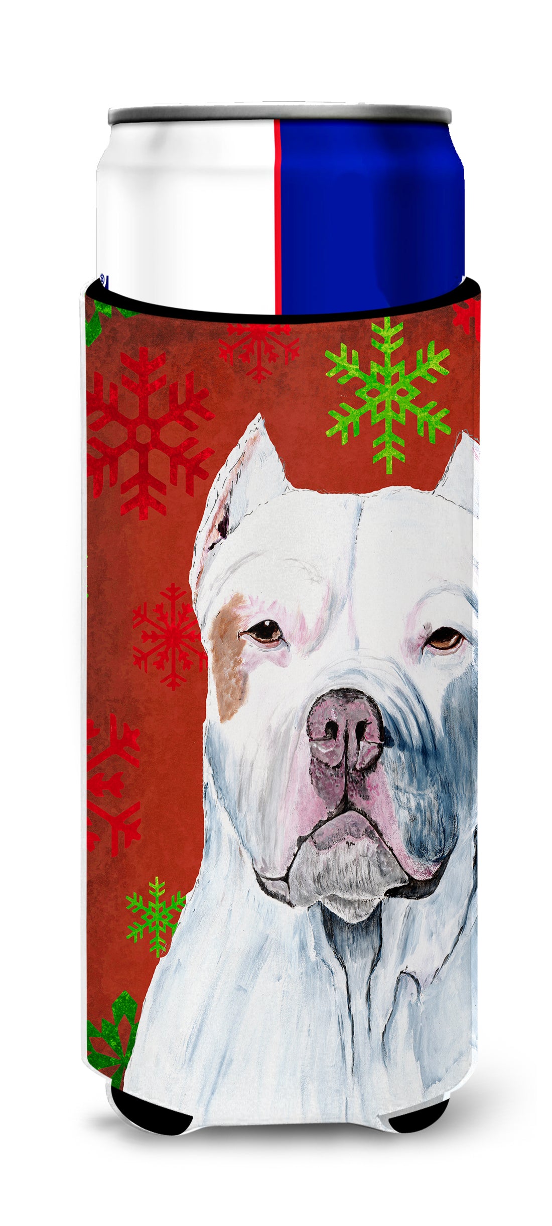 Pit Bull Red and Green Snowflakes Holiday Christmas Ultra Beverage Insulators for slim cans SC9421MUK