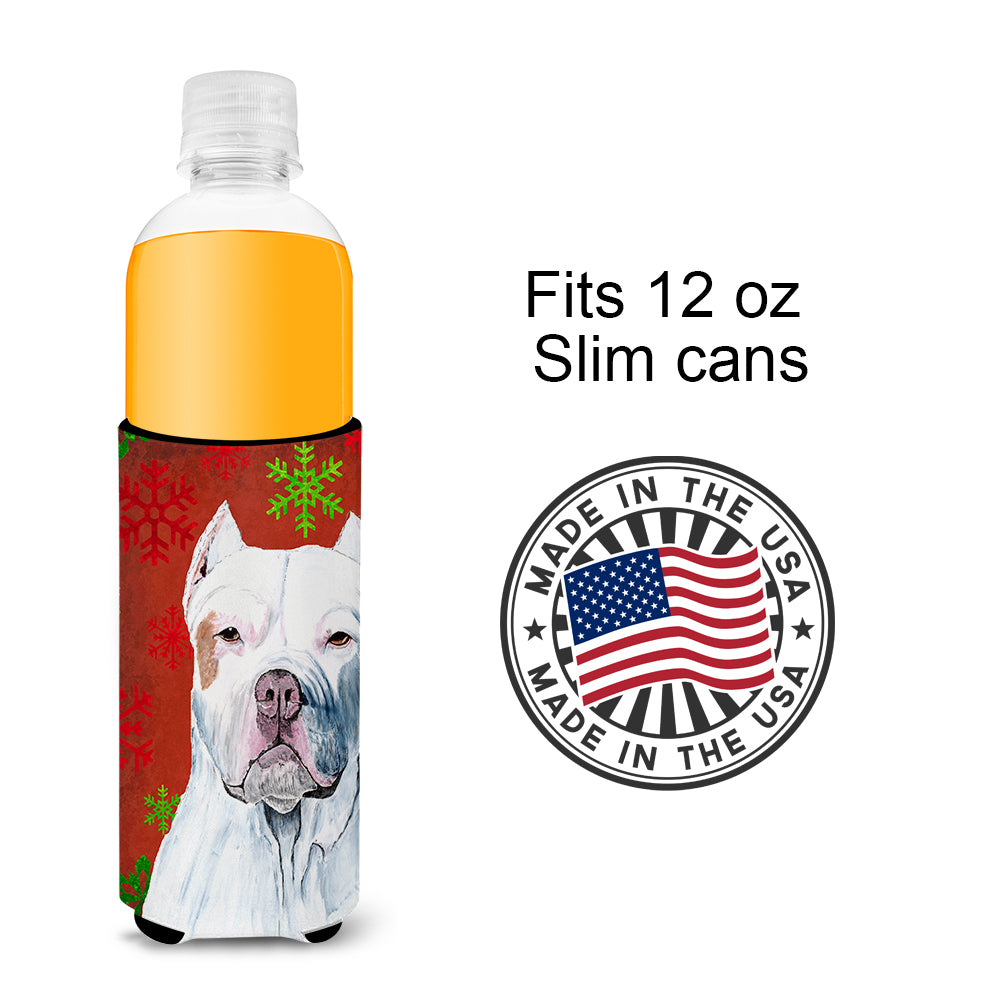 Pit Bull Red and Green Snowflakes Holiday Christmas Ultra Beverage Insulators for slim cans SC9421MUK.