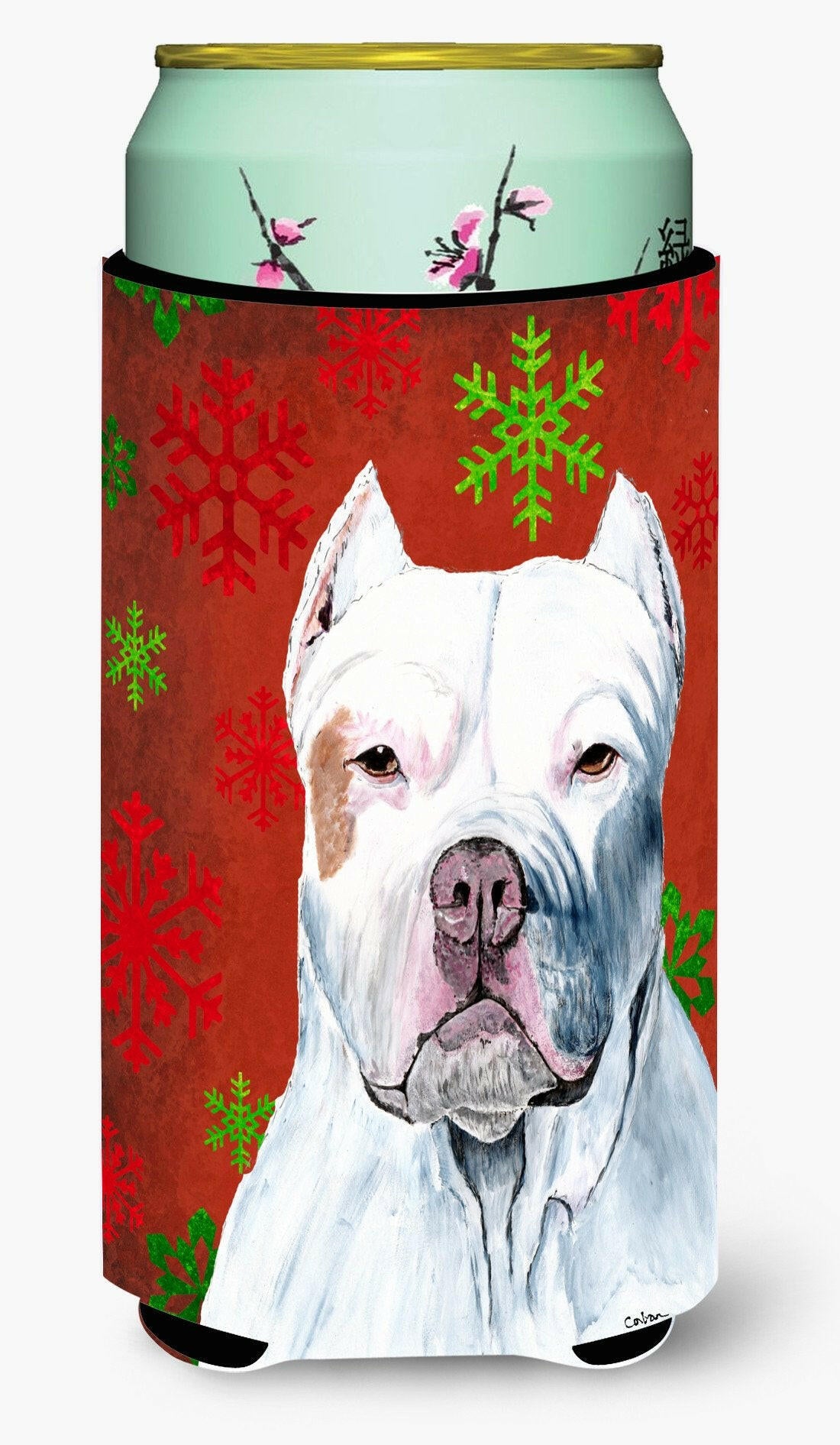 Pit Bull Red and Green Snowflakes Holiday Christmas  Tall Boy Beverage Insulator Beverage Insulator Hugger by Caroline&#39;s Treasures