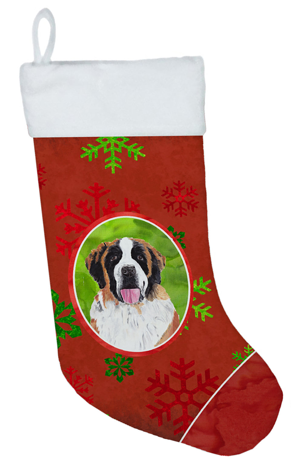 Saint Bernard Red and Green Snowflakes Holiday Christmas Stocking  the-store.com.