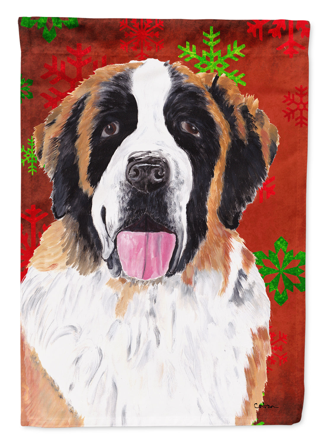 Saint Bernard Red and Green Snowflakes Holiday Christmas Flag Canvas House Size