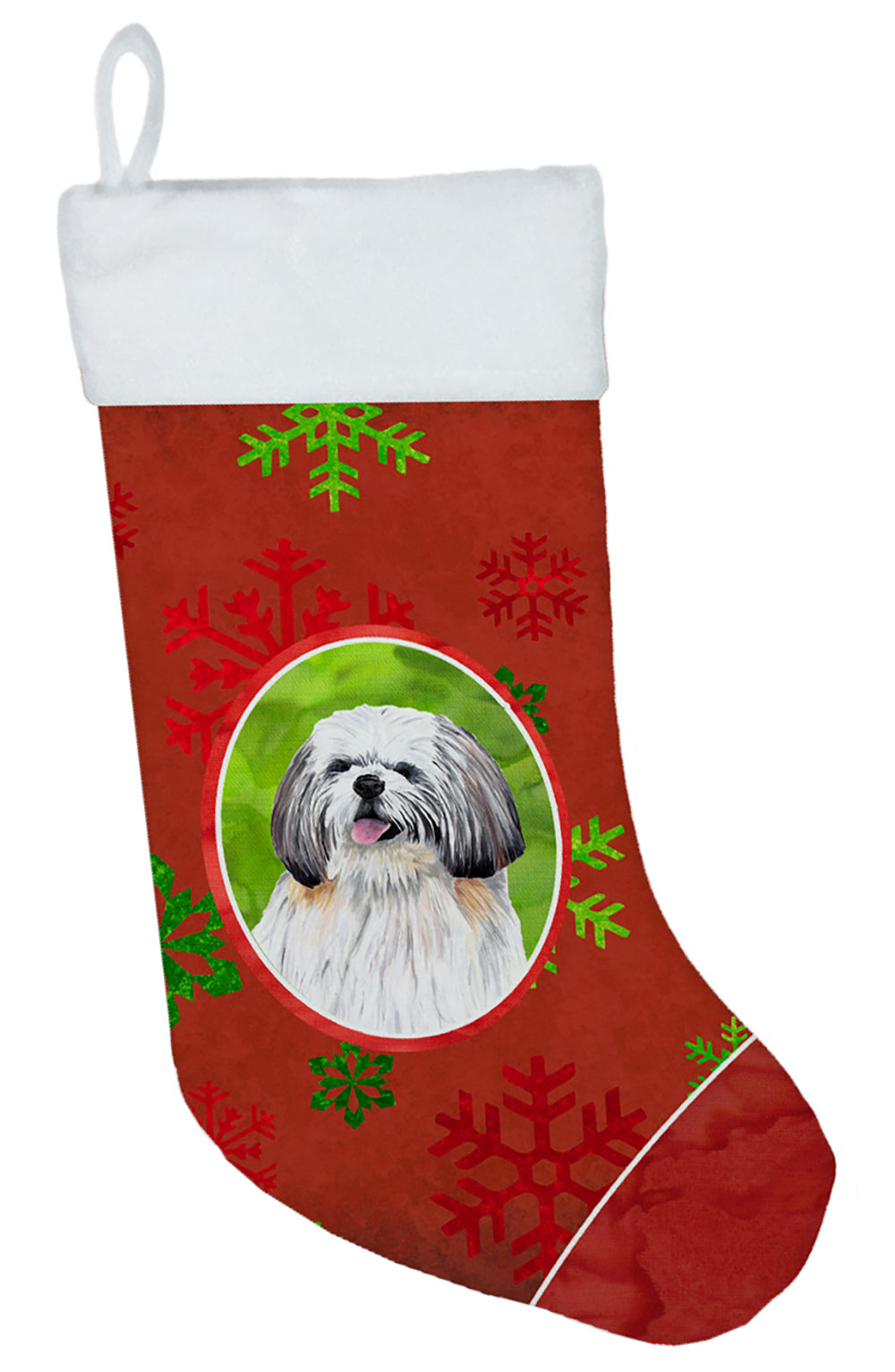 Shih Tzu Red and Green Snowflakes Holiday Christmas Christmas Stocking SC9423  the-store.com.