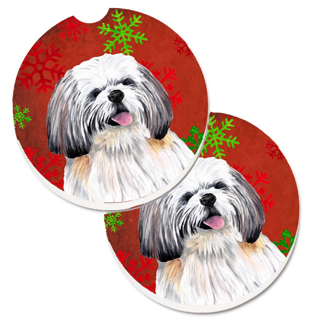Shih Tzu Red and Green Snowflakes Holiday Christmas Set of 2 Cup Holder Car Coasters SC9423CARC by Caroline&#39;s Treasures