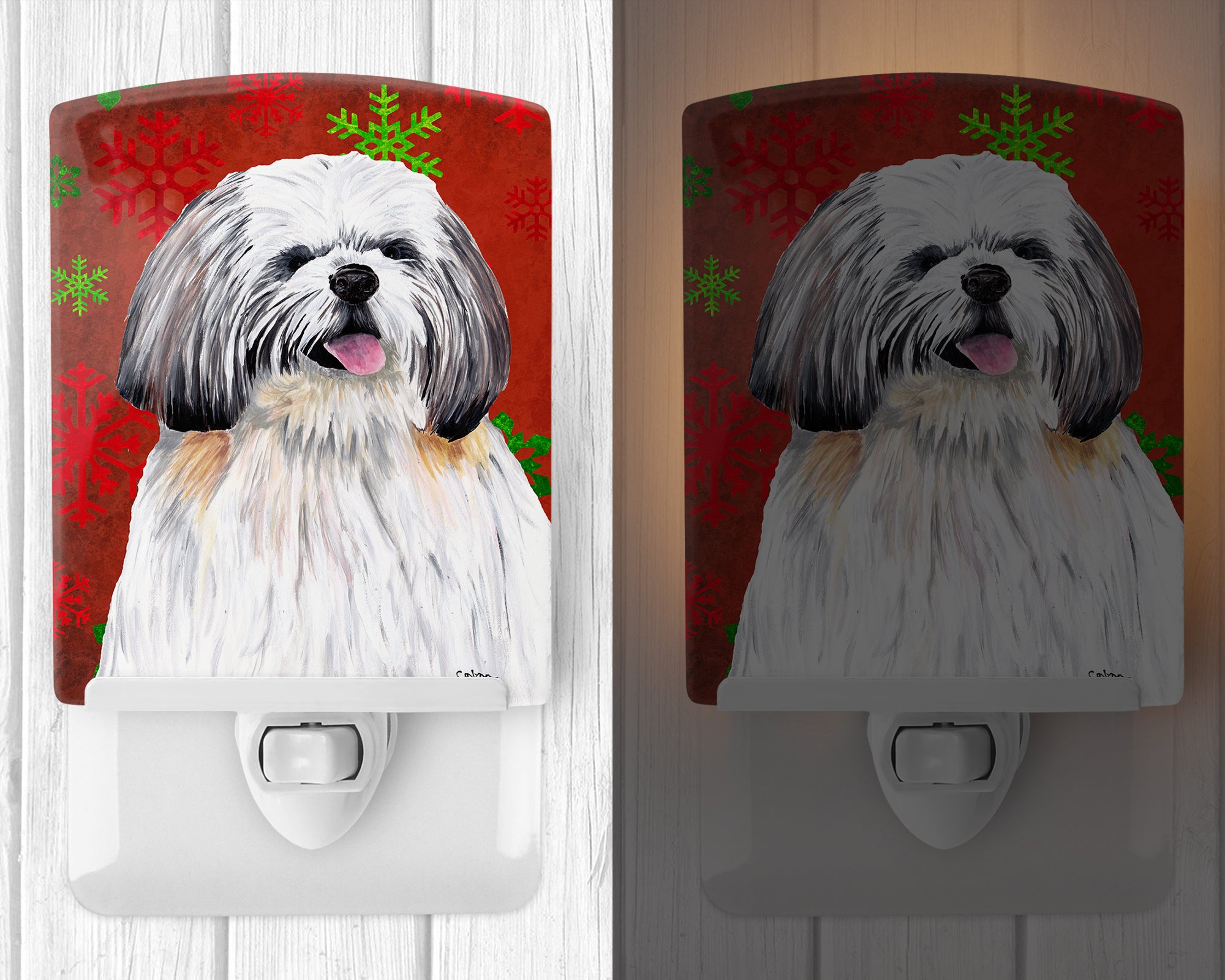 Shih Tzu Red and Green Snowflakes Holiday Christmas Ceramic Night Light SC9423CNL - the-store.com
