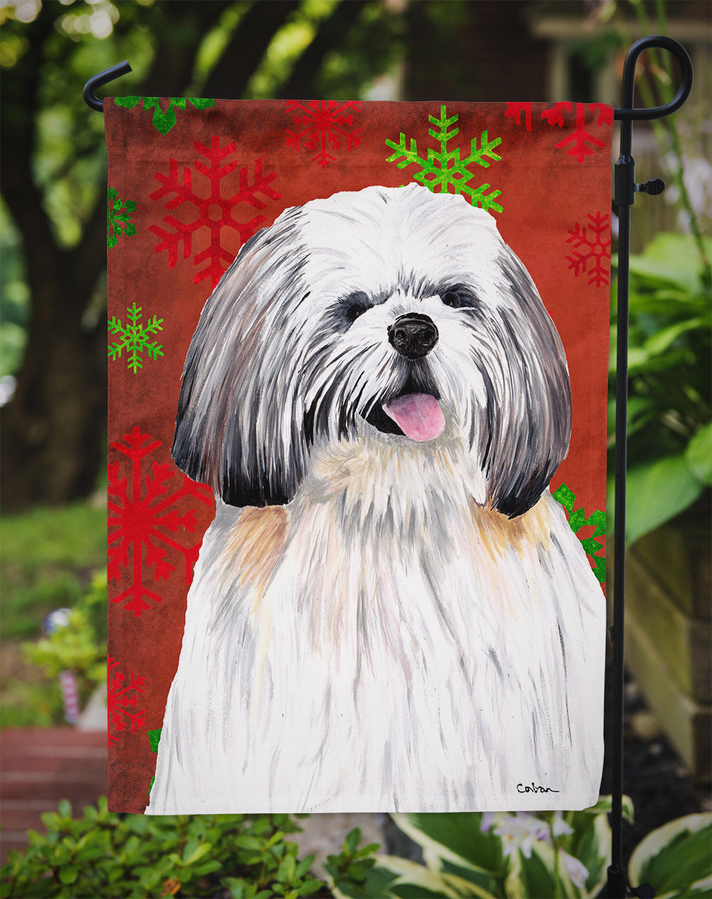 Shih Tzu Red and Green Snowflakes Holiday Christmas Flag Garden Size.