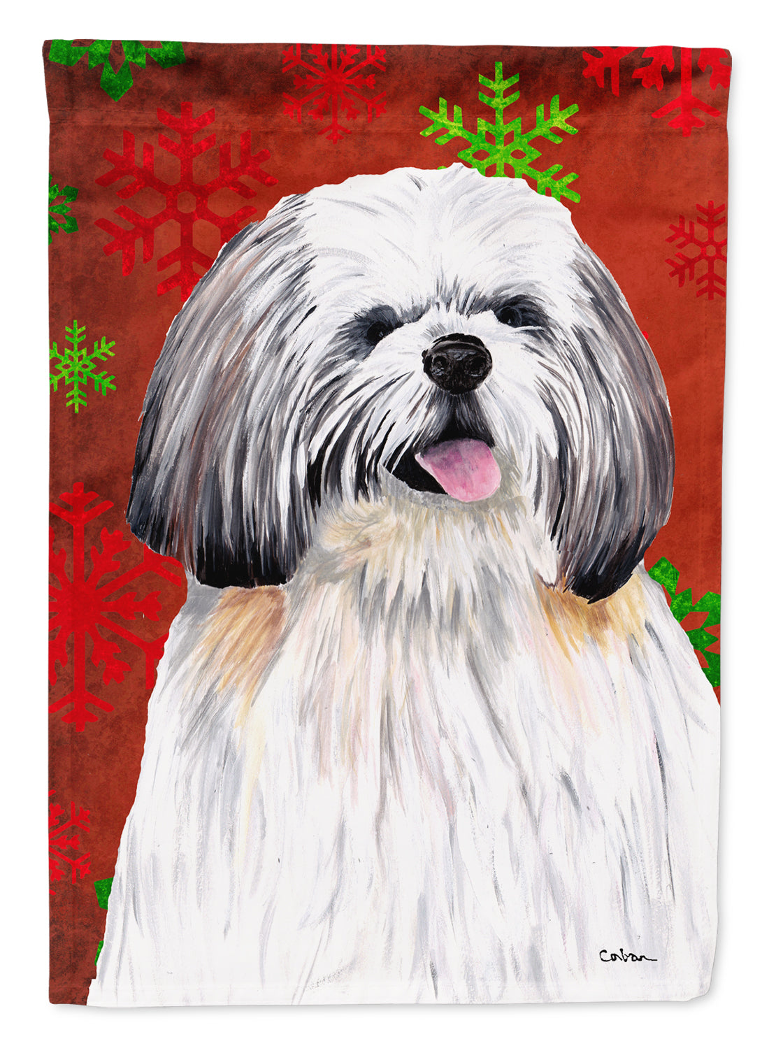Shih Tzu Red and Green Snowflakes Holiday Christmas Flag Garden Size.