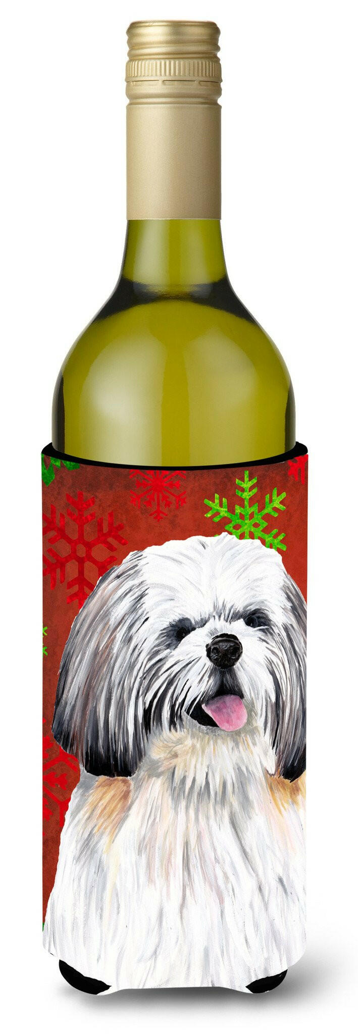 Shih Tzu Red and Green Snowflakes Holiday Christmas Wine Bottle Beverage Insulator Beverage Insulator Hugger by Caroline&#39;s Treasures