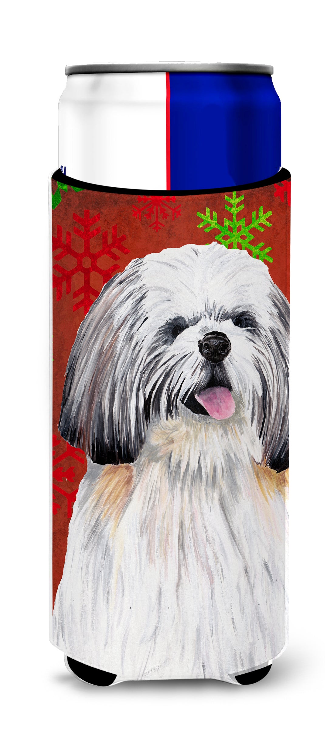 Shih Tzu Red and Green Snowflakes Holiday Christmas Ultra Beverage Insulators for slim cans SC9423MUK.