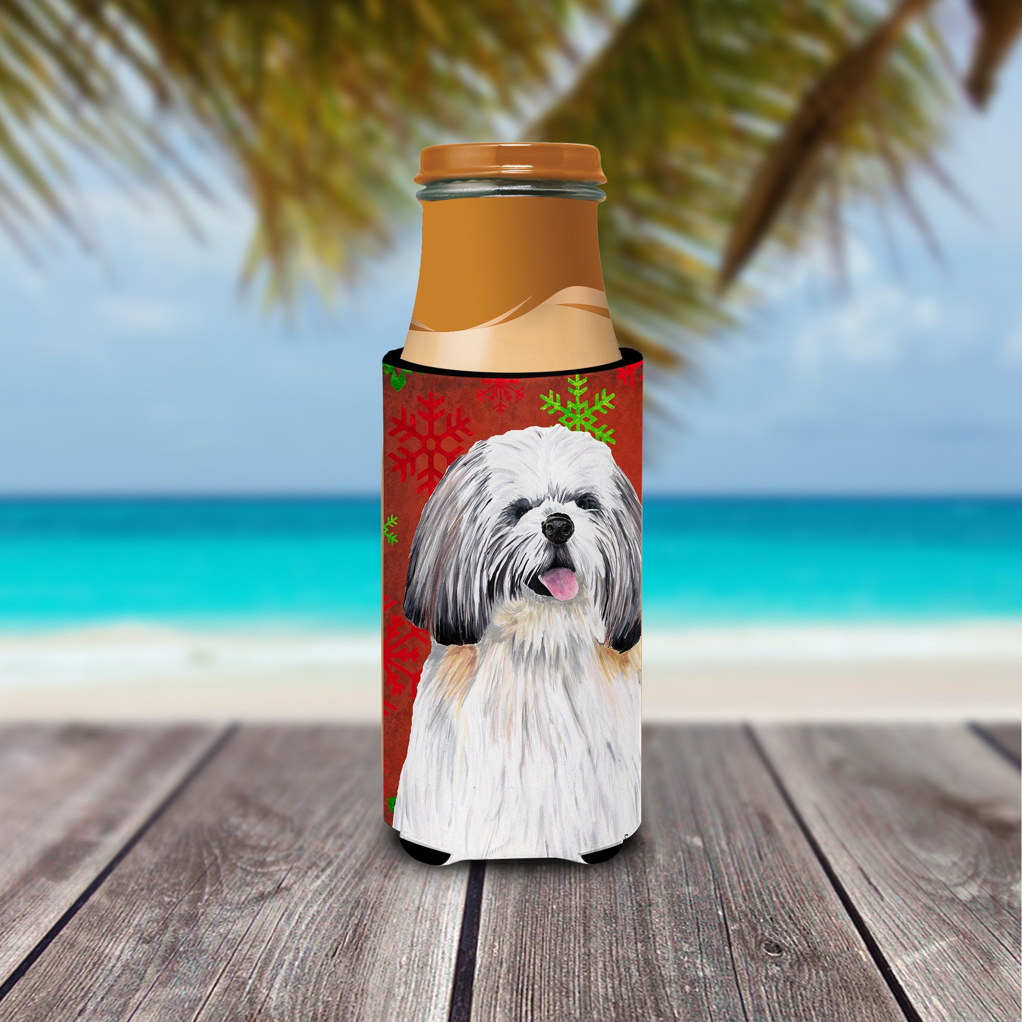 Shih Tzu Red and Green Snowflakes Holiday Christmas Ultra Beverage Insulators for slim cans SC9423MUK