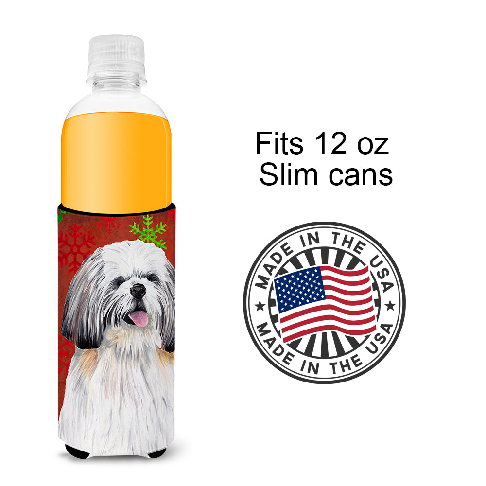 Shih Tzu Red and Green Snowflakes Holiday Christmas Ultra Beverage Insulators for slim cans SC9423MUK.