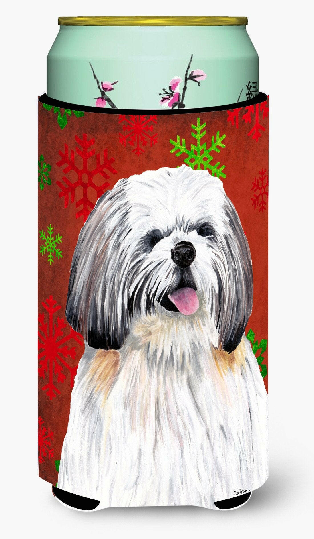 Shih Tzu Red and Green Snowflakes Holiday Christmas  Tall Boy Beverage Insulator Beverage Insulator Hugger by Caroline's Treasures