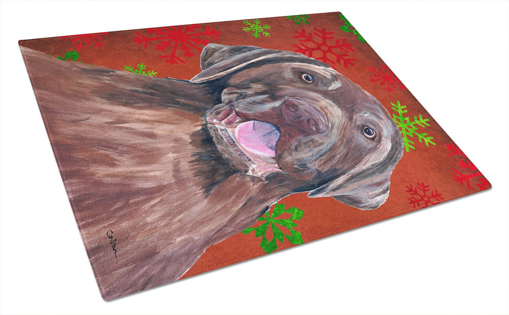 Labrador Red and Green Snowflakes Holiday Christmas Glass Cutting Board Large by Caroline's Treasures