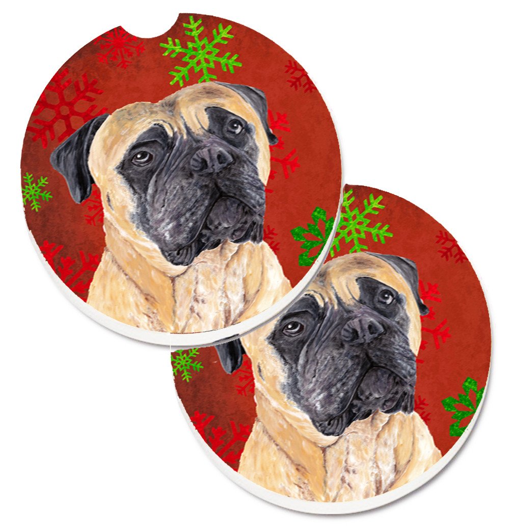 Mastiff Red and Green Snowflakes Holiday Christmas Set of 2 Cup Holder Car Coasters SC9425CARC by Caroline&#39;s Treasures