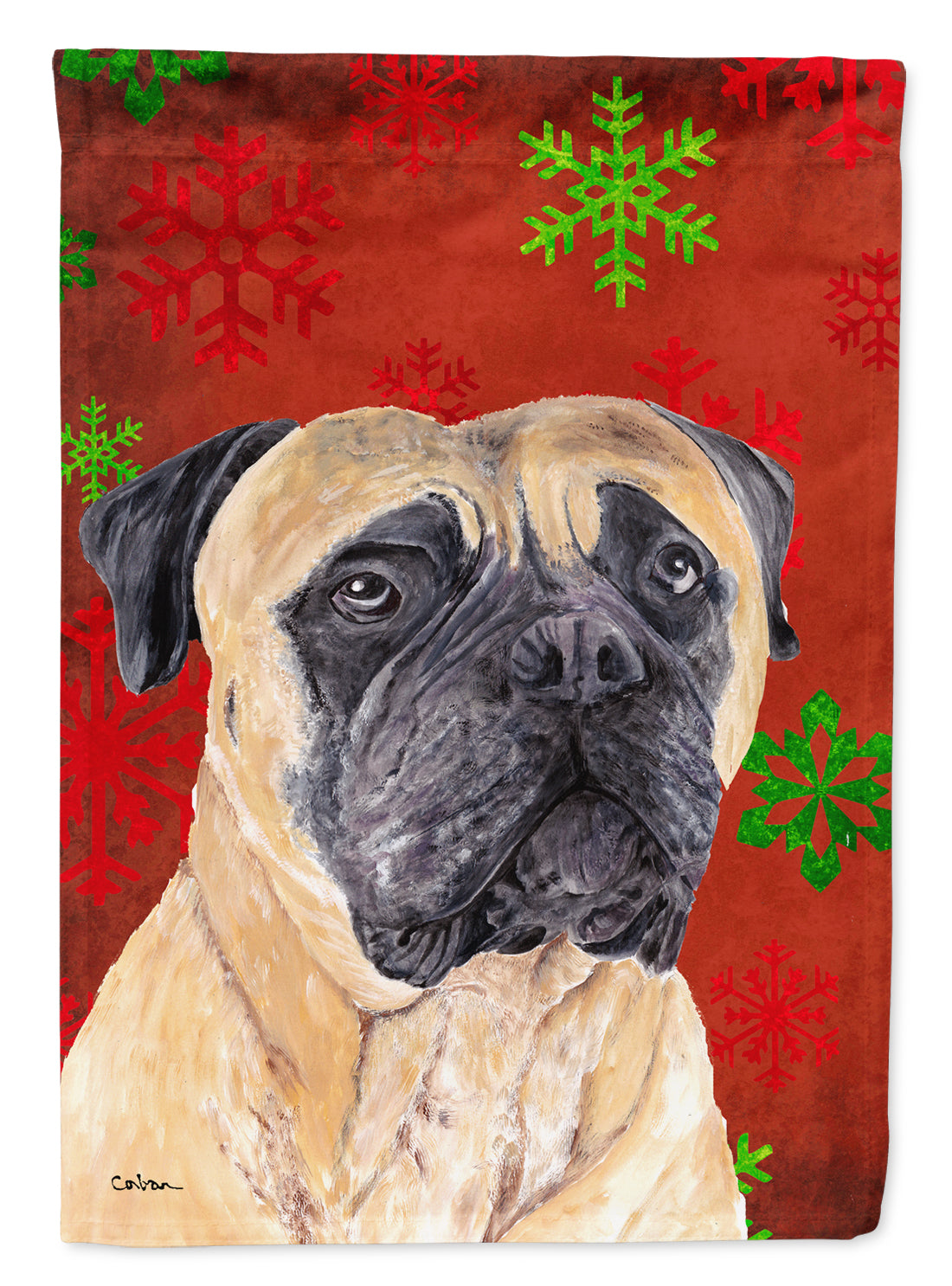Mastiff Red and Green Snowflakes Holiday Christmas Flag Canvas House Size