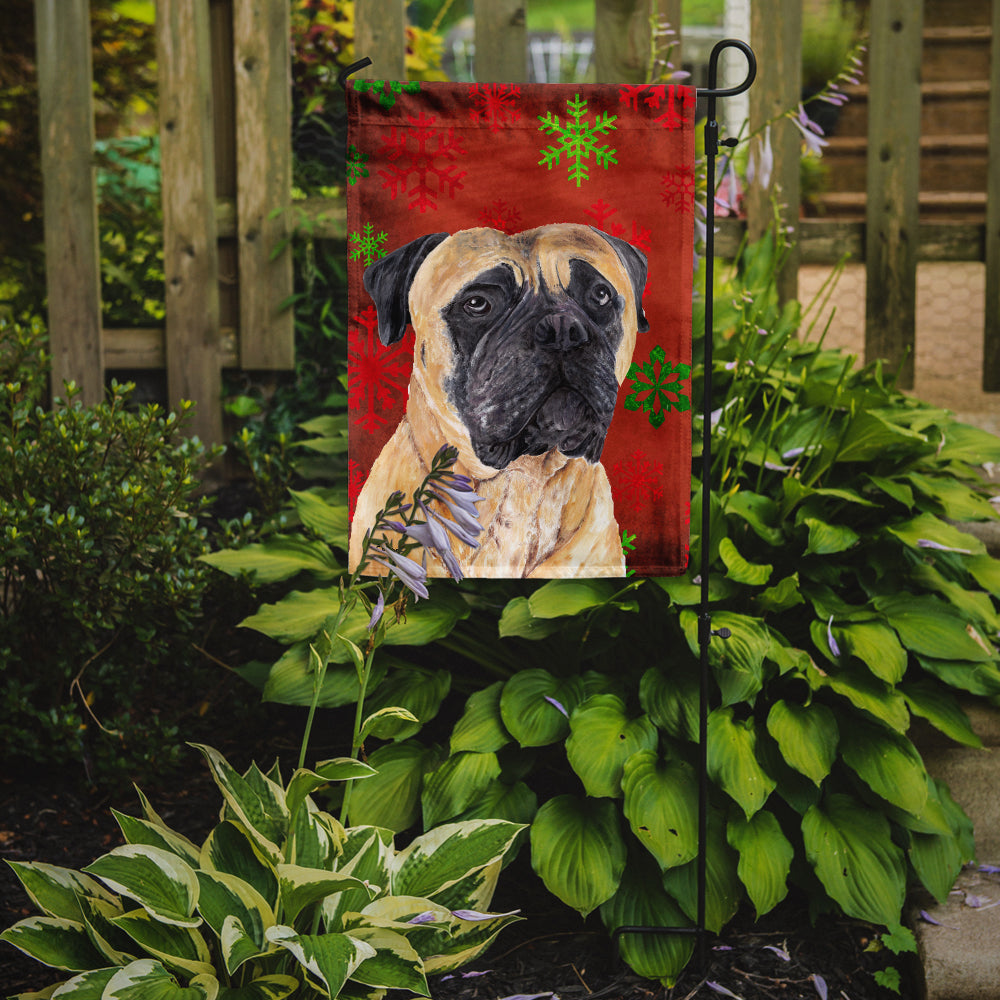 Mastiff Red and Green Snowflakes Holiday Christmas Flag Garden Size.