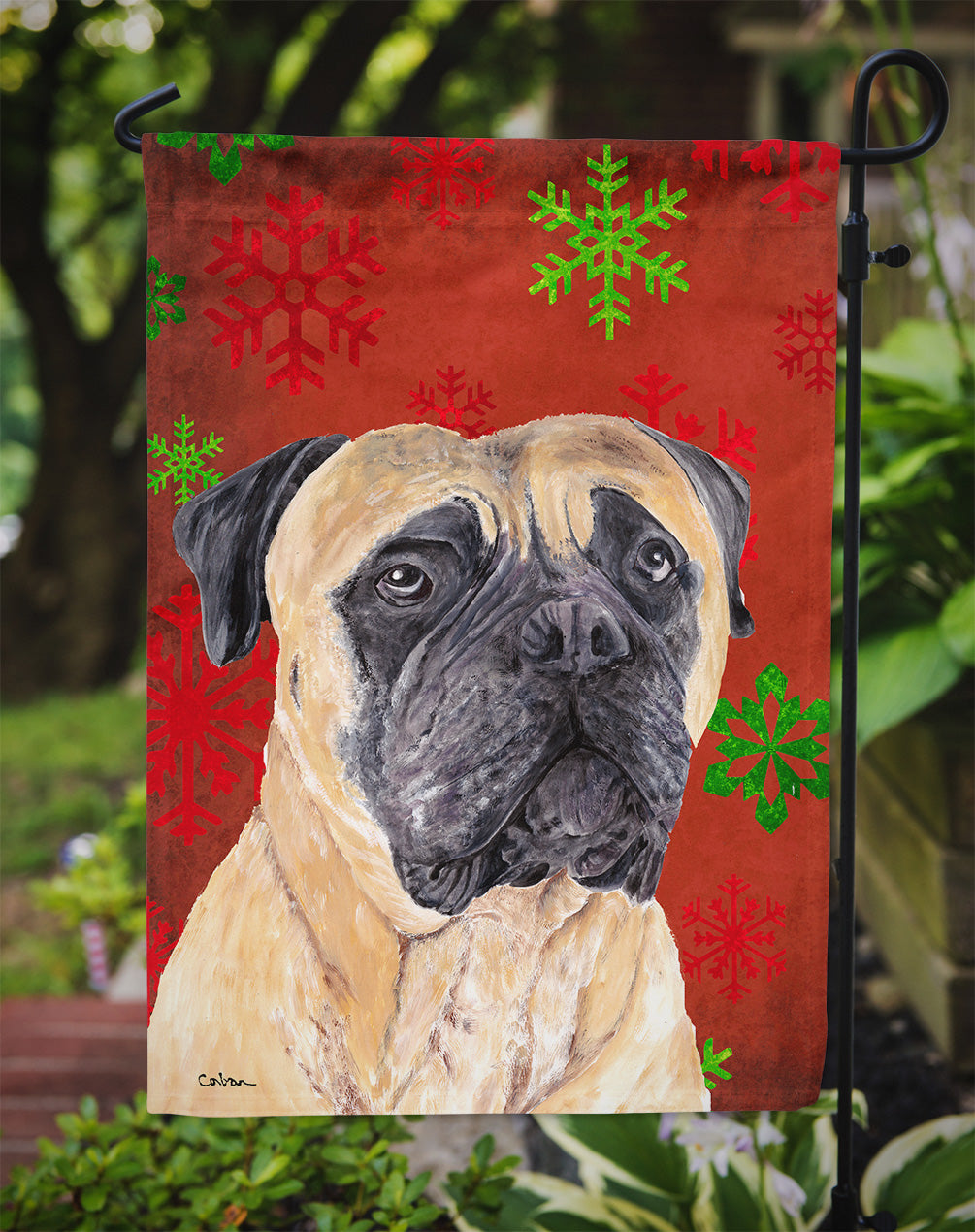 Mastiff Red and Green Snowflakes Holiday Christmas Flag Garden Size.