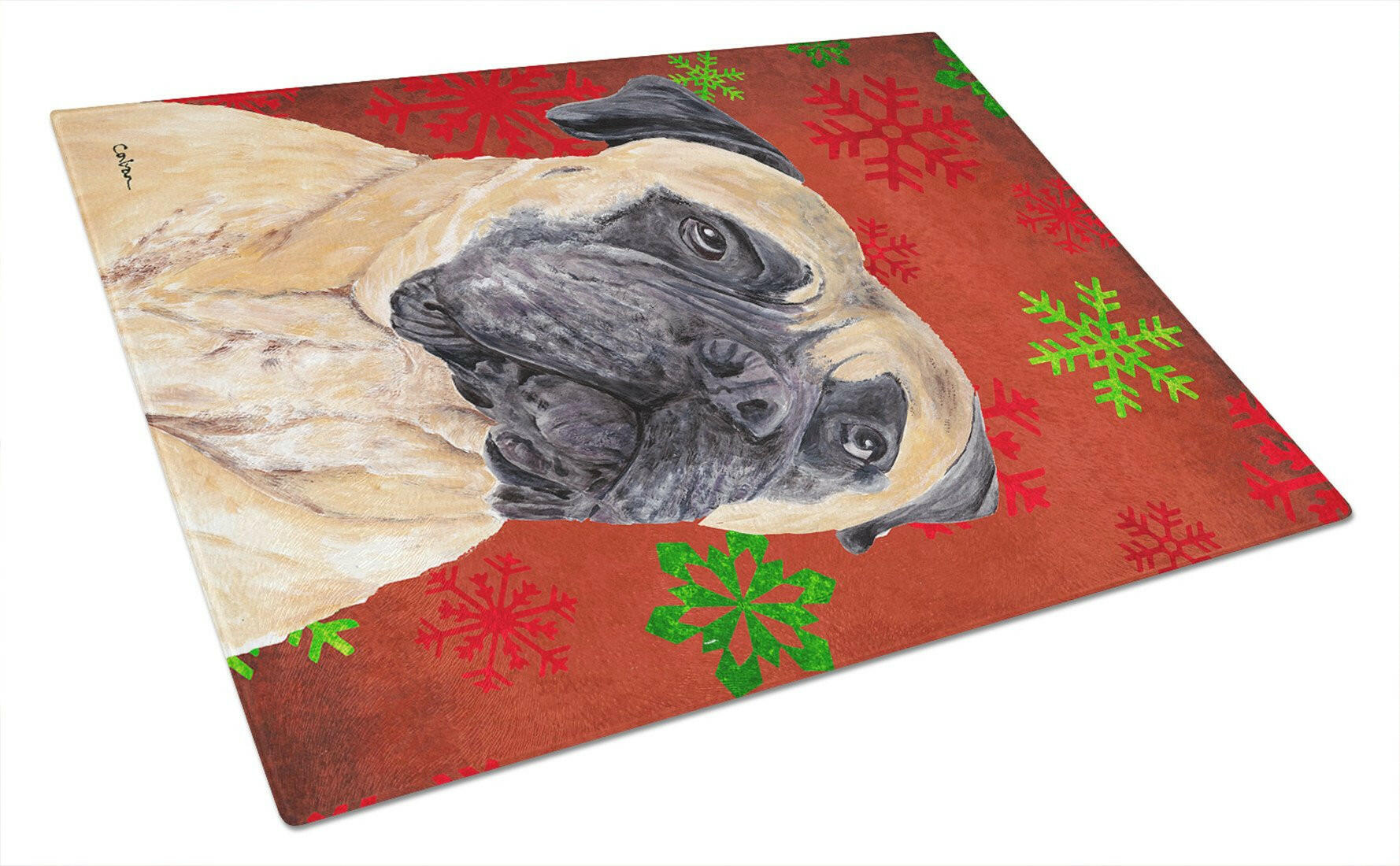 Mastiff Red and Green Snowflakes Holiday Christmas Glass Cutting Board Large by Caroline's Treasures