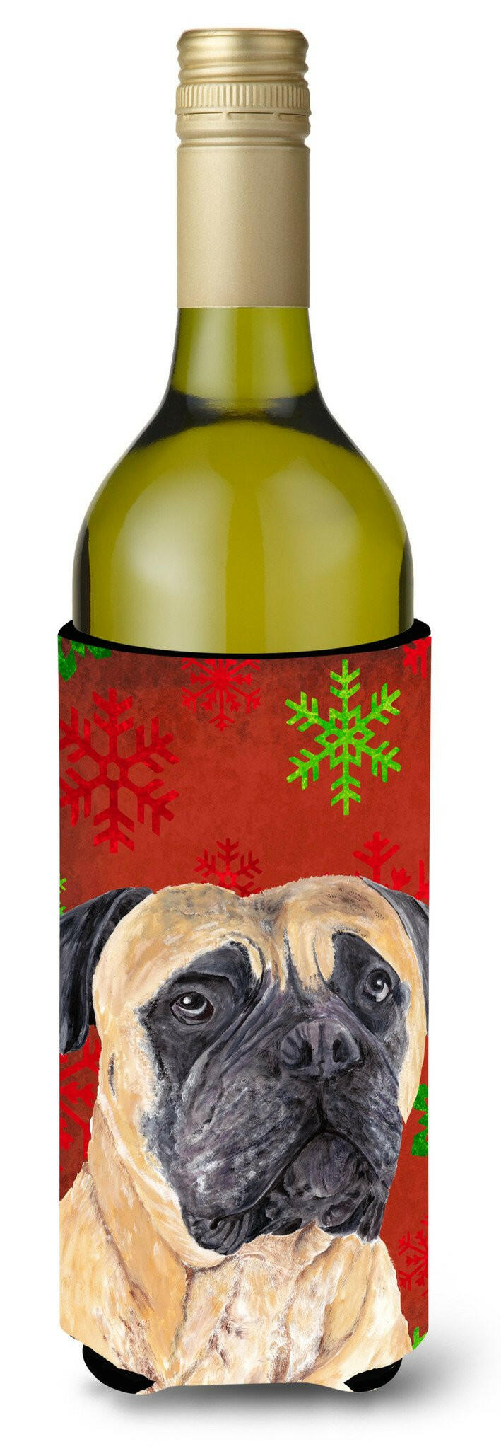 Mastiff Red and Green Snowflakes Holiday Christmas Wine Bottle Beverage Insulator Beverage Insulator Hugger by Caroline&#39;s Treasures