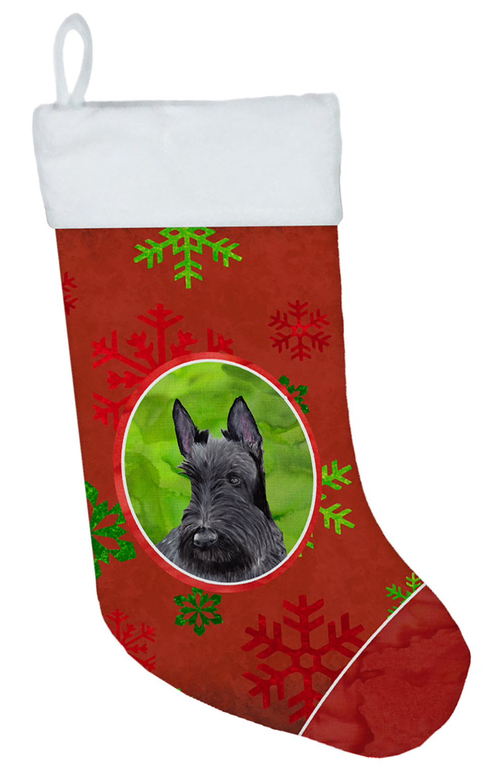 Scottish Terrier Red and Green Snowflakes Holiday  Christmas Stocking SC9426  the-store.com.