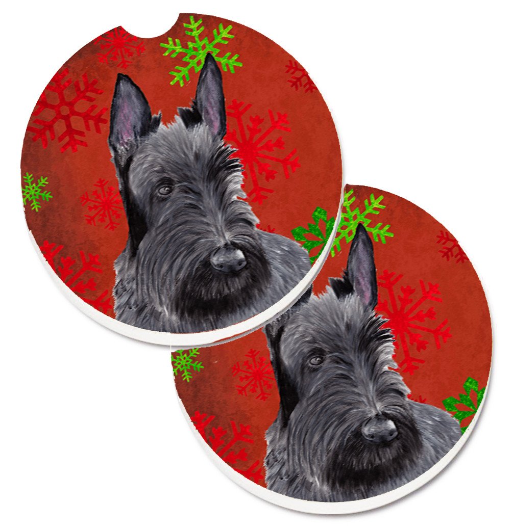 Scottish Terrier Red and Green Snowflakes Holiday Christmas Set of 2 Cup Holder Car Coasters SC9426CARC by Caroline&#39;s Treasures