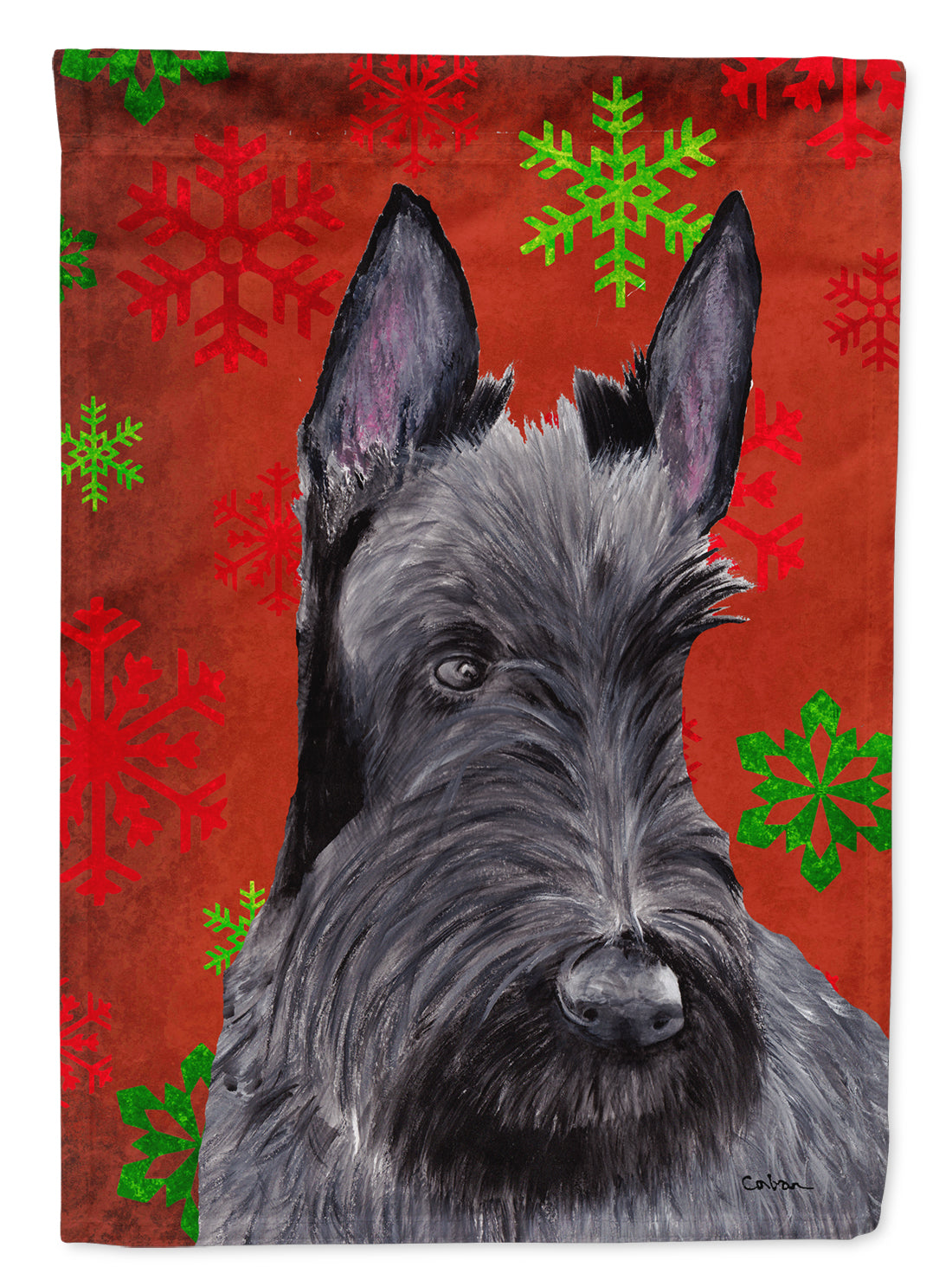 Scottish Terrier Red and Green Snowflakes Holiday Christmas Flag Garden Size