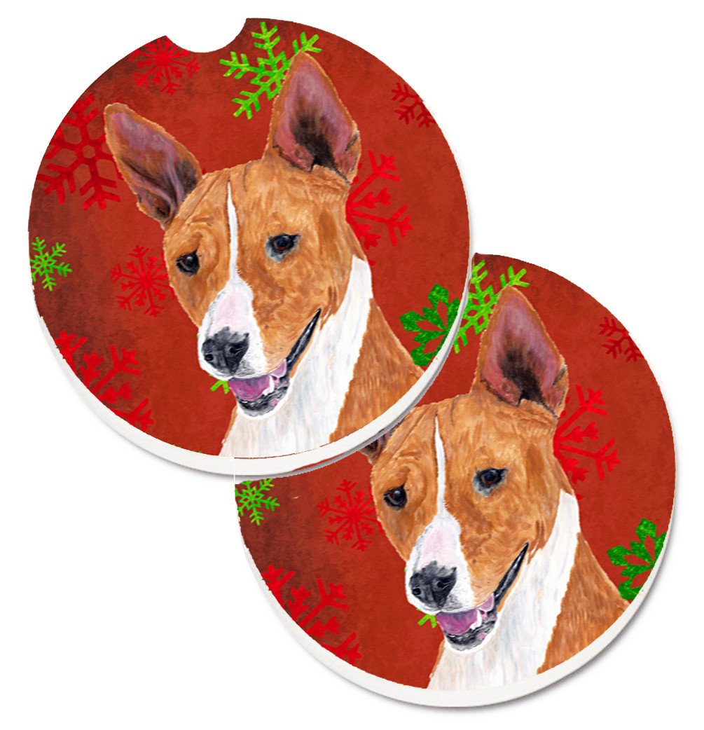 Basenji Red and Green Snowflakes Holiday Christmas Set of 2 Cup Holder Car Coasters SC9427CARC by Caroline&#39;s Treasures