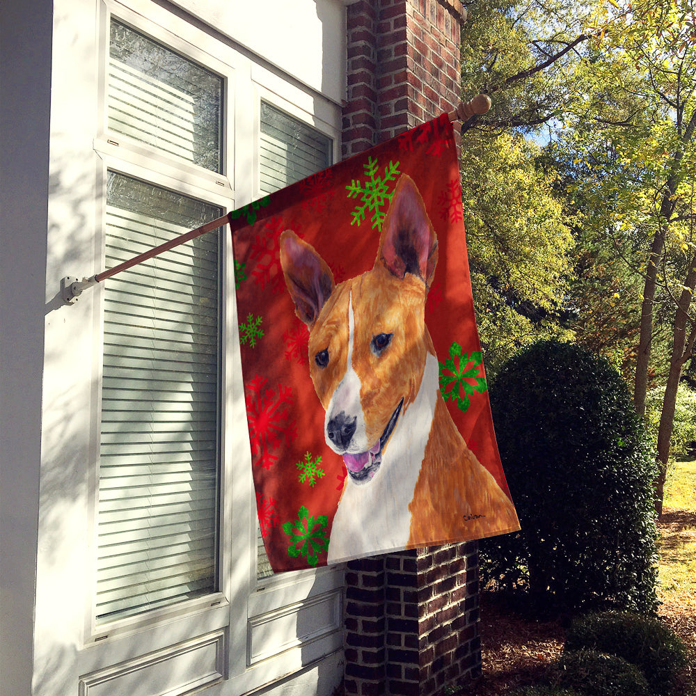 Basenji Red and Green Snowflakes Holiday Christmas Flag Canvas House Size  the-store.com.
