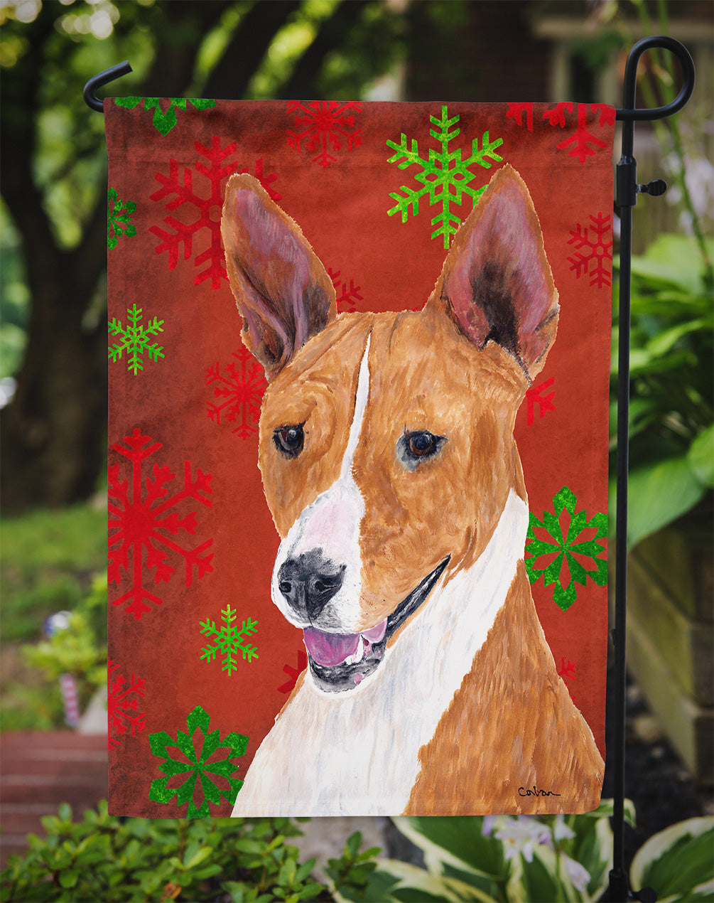 Basenji Red and Green Snowflakes Holiday Christmas Flag Garden Size.
