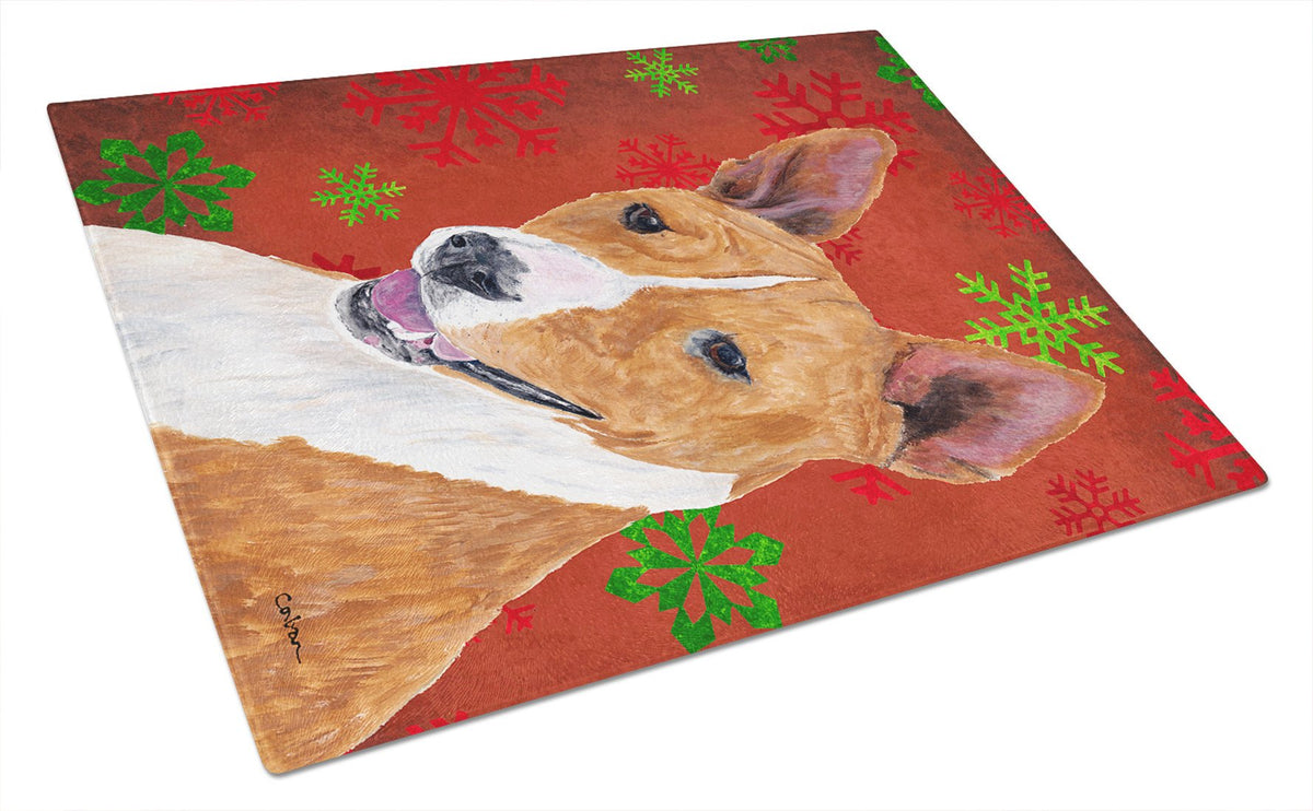 Basenji Red and Green Snowflakes Holiday Christmas Glass Cutting Board Large by Caroline&#39;s Treasures