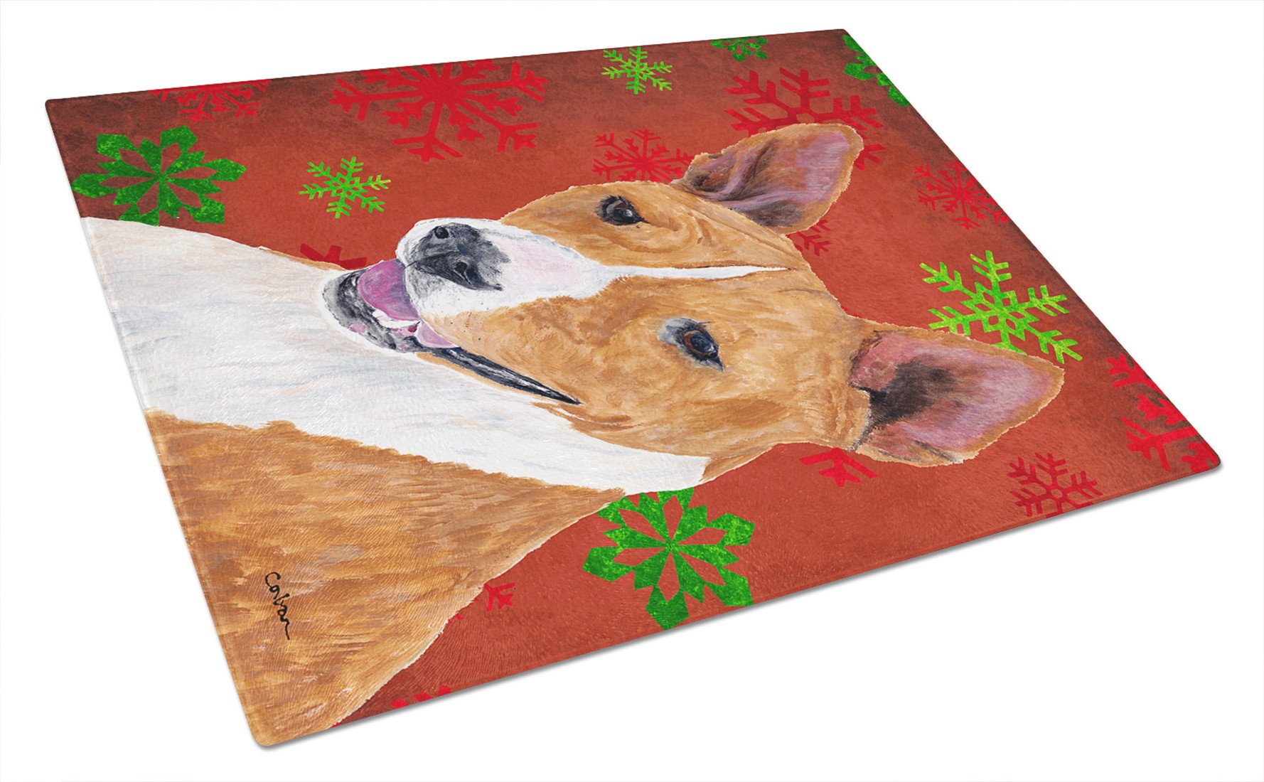 Basenji Red and Green Snowflakes Holiday Christmas Glass Cutting Board Large by Caroline's Treasures