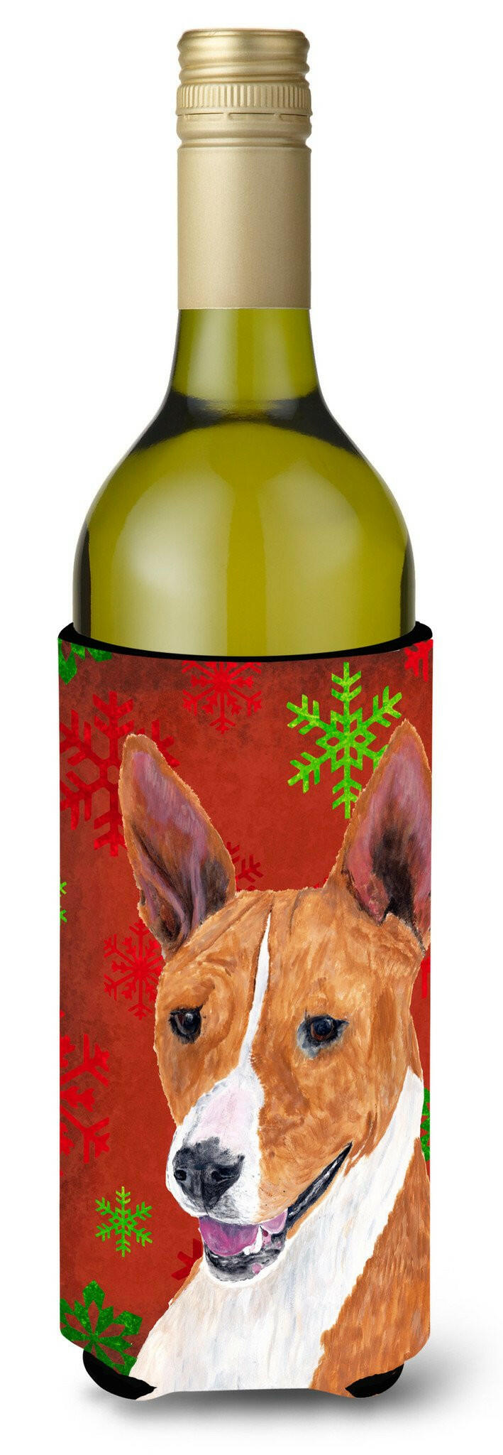 Basenji Red and Green Snowflakes Holiday Christmas Wine Bottle Beverage Insulator Beverage Insulator Hugger by Caroline's Treasures