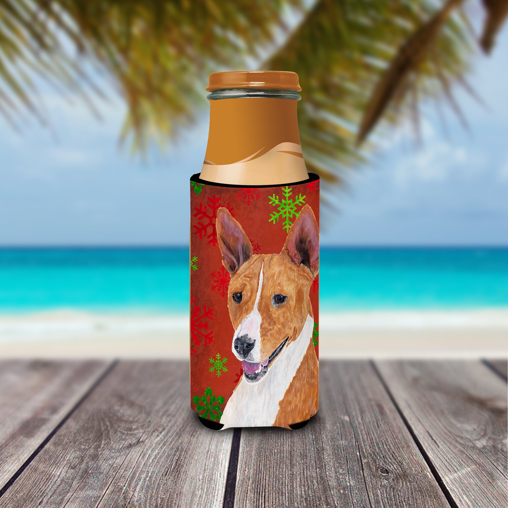 Basenji Red and Green Snowflakes Holiday Christmas Ultra Beverage Insulators for slim cans SC9427MUK.