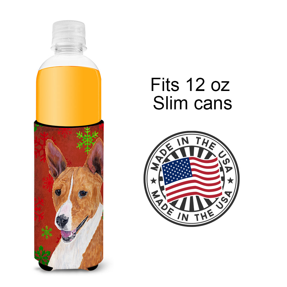 Basenji Red and Green Snowflakes Holiday Christmas Ultra Beverage Insulators for slim cans SC9427MUK.
