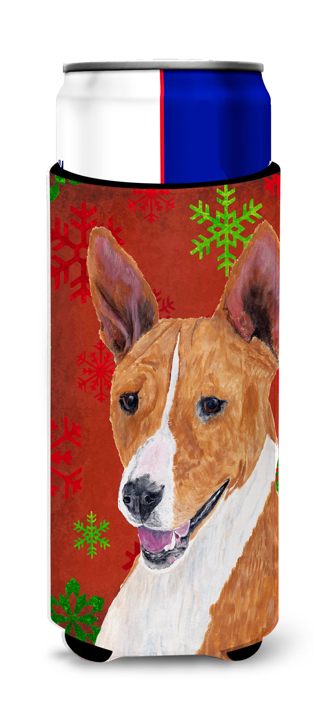 Basenji Red and Green Snowflakes Holiday Christmas Ultra Beverage Insulators for slim cans SC9427MUK