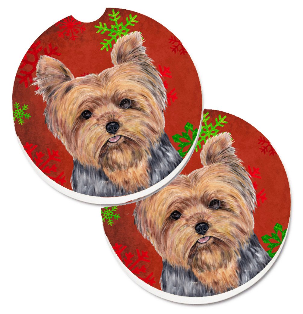 Yorkie Red and Green Snowflakes Holiday Christmas Set of 2 Cup Holder Car Coasters SC9428CARC by Caroline&#39;s Treasures