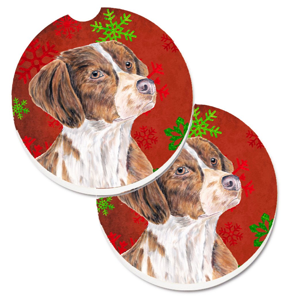 Brittany Red and Green Snowflakes Holiday Christmas Set of 2 Cup Holder Car Coasters SC9429CARC by Caroline&#39;s Treasures