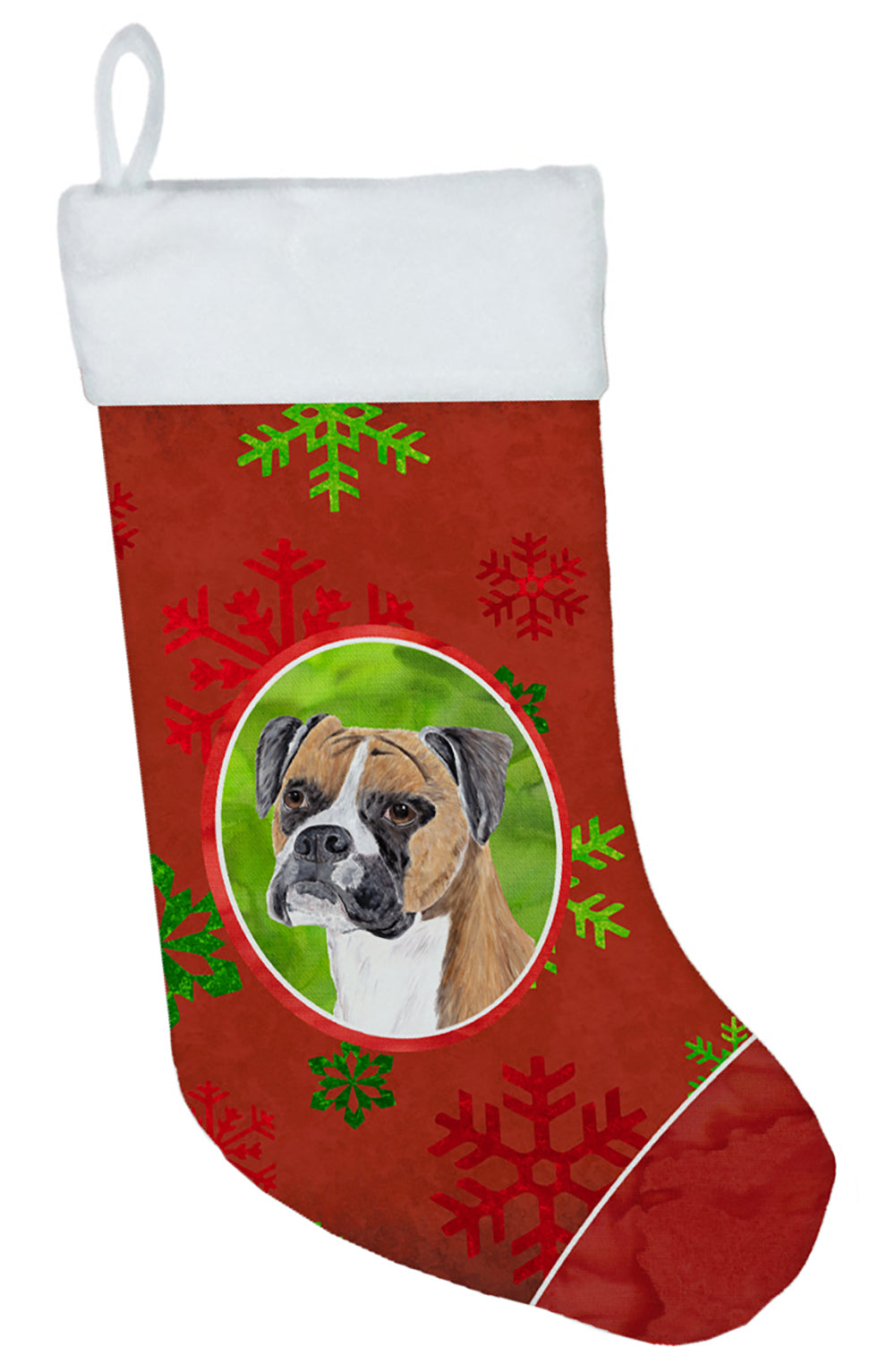 Boxer Red and Green Snowflakes Holiday Christmas Christmas Stocking SC9430  the-store.com.