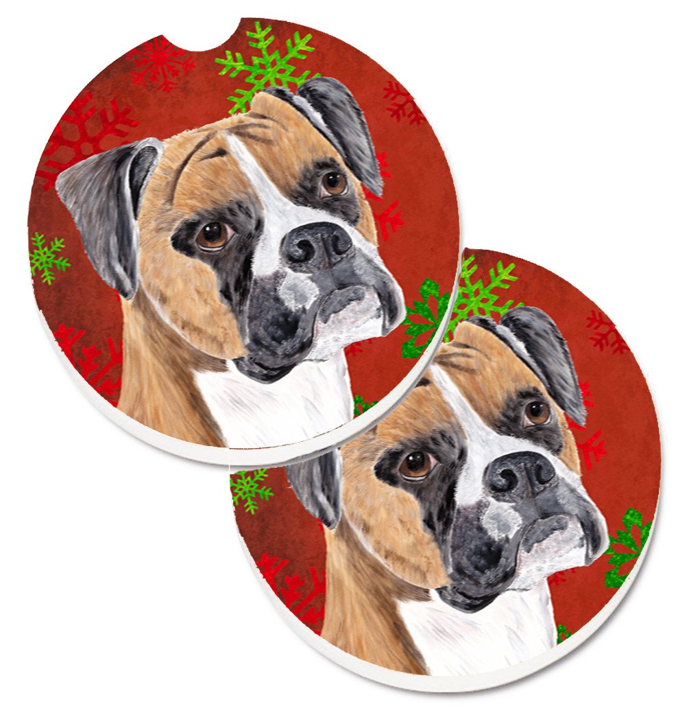 Boxer Red and Green Snowflakes Holiday Christmas Set of 2 Cup Holder Car Coasters SC9430CARC by Caroline&#39;s Treasures