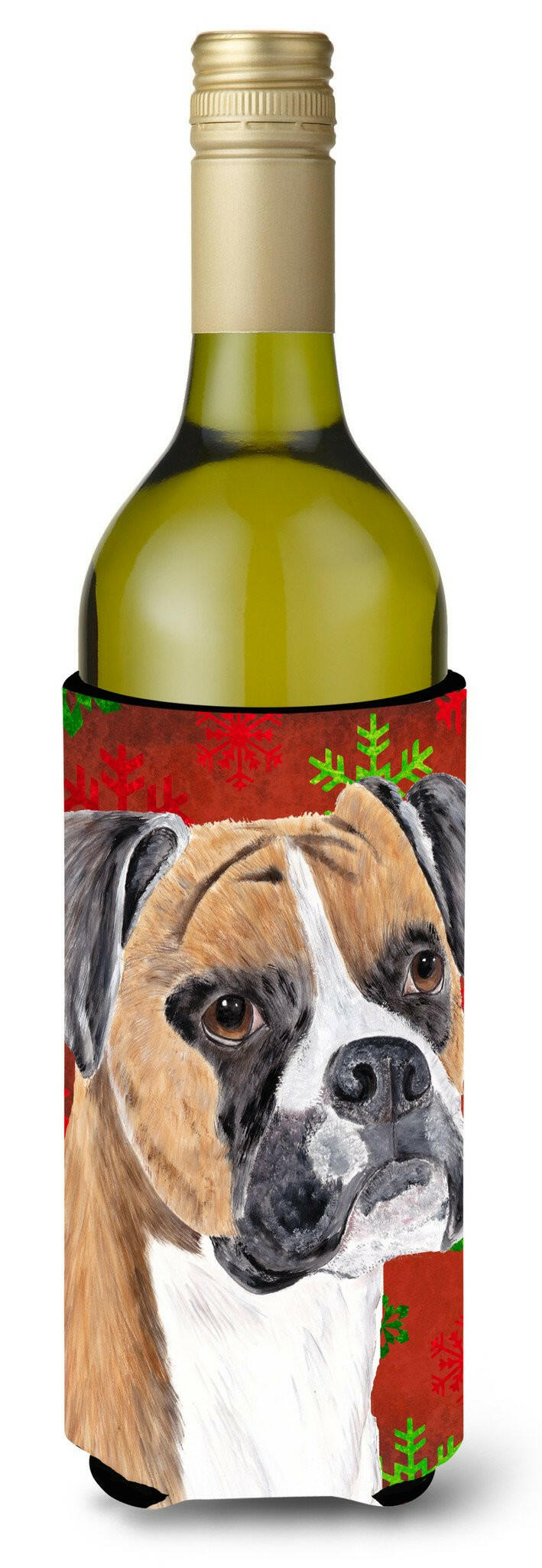 Boxer Red and Green Snowflakes Holiday Christmas Wine Bottle Beverage Insulator Beverage Insulator Hugger by Caroline's Treasures