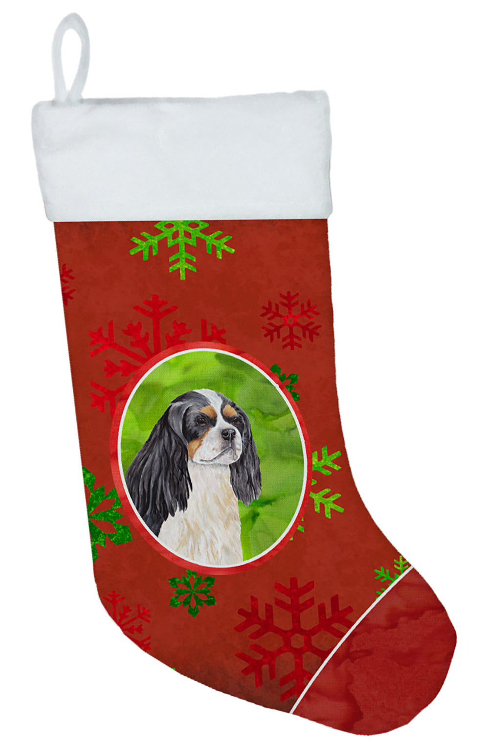 Cavalier Spaniel Red and Green Snowflakes Holiday  Christmas Stocking SC9431  the-store.com.