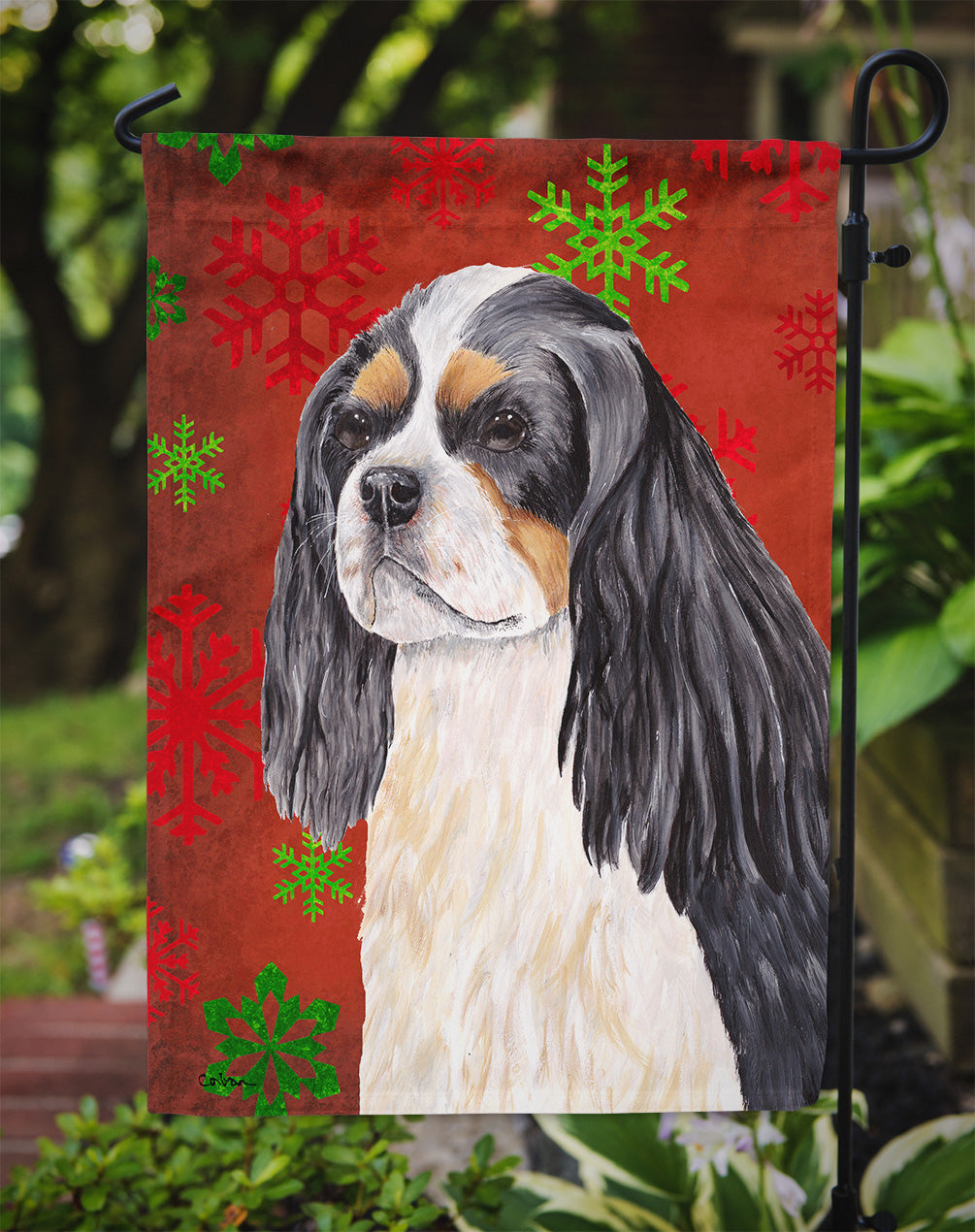 Cavalier Spaniel Red and Green Snowflakes Holiday Christmas Flag Garden Size.